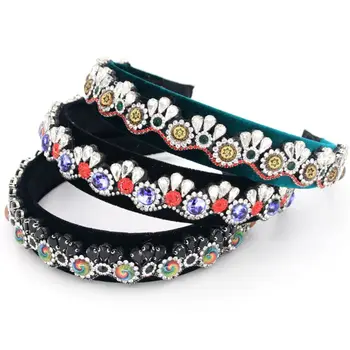 

3 Colors Women Baroque Glass Drill Headband Colorful Peacock Rhinestone Velvet Hair Hoop Bandana Handmade Jewelry Crown