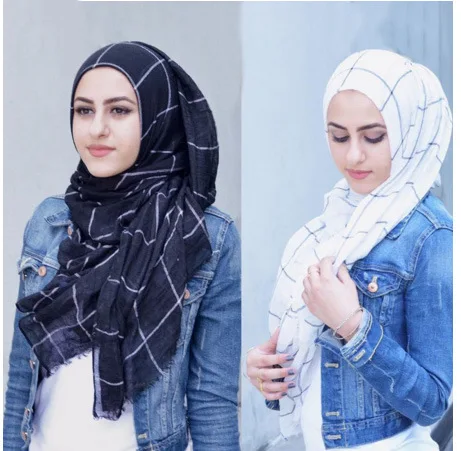 

Classic Plaids Tartan Cotton Voile Muslim Hijab Scarf for Ladies Long Cross Strips Double Color Islamic Hijabs Shawl Wrap