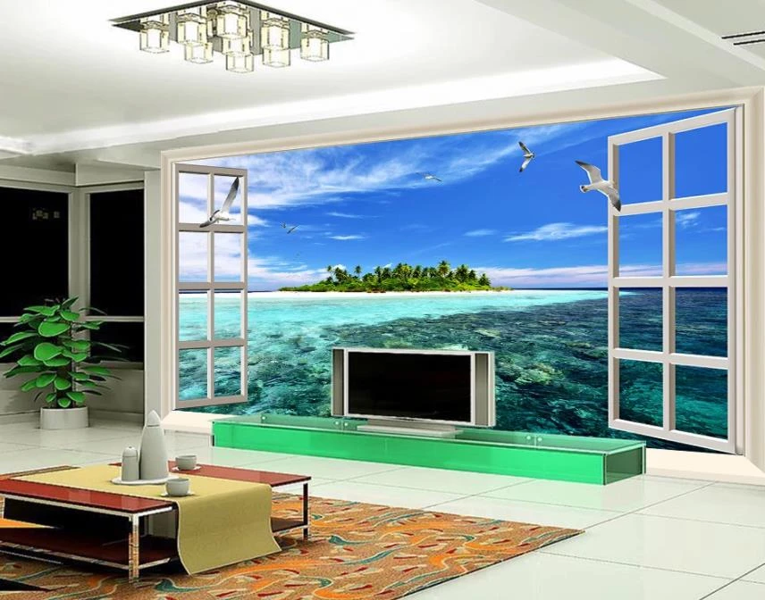 美しい風景壁紙クリア水青空サニー島テレビの背景の壁窓の外 壁紙 Aliexpress