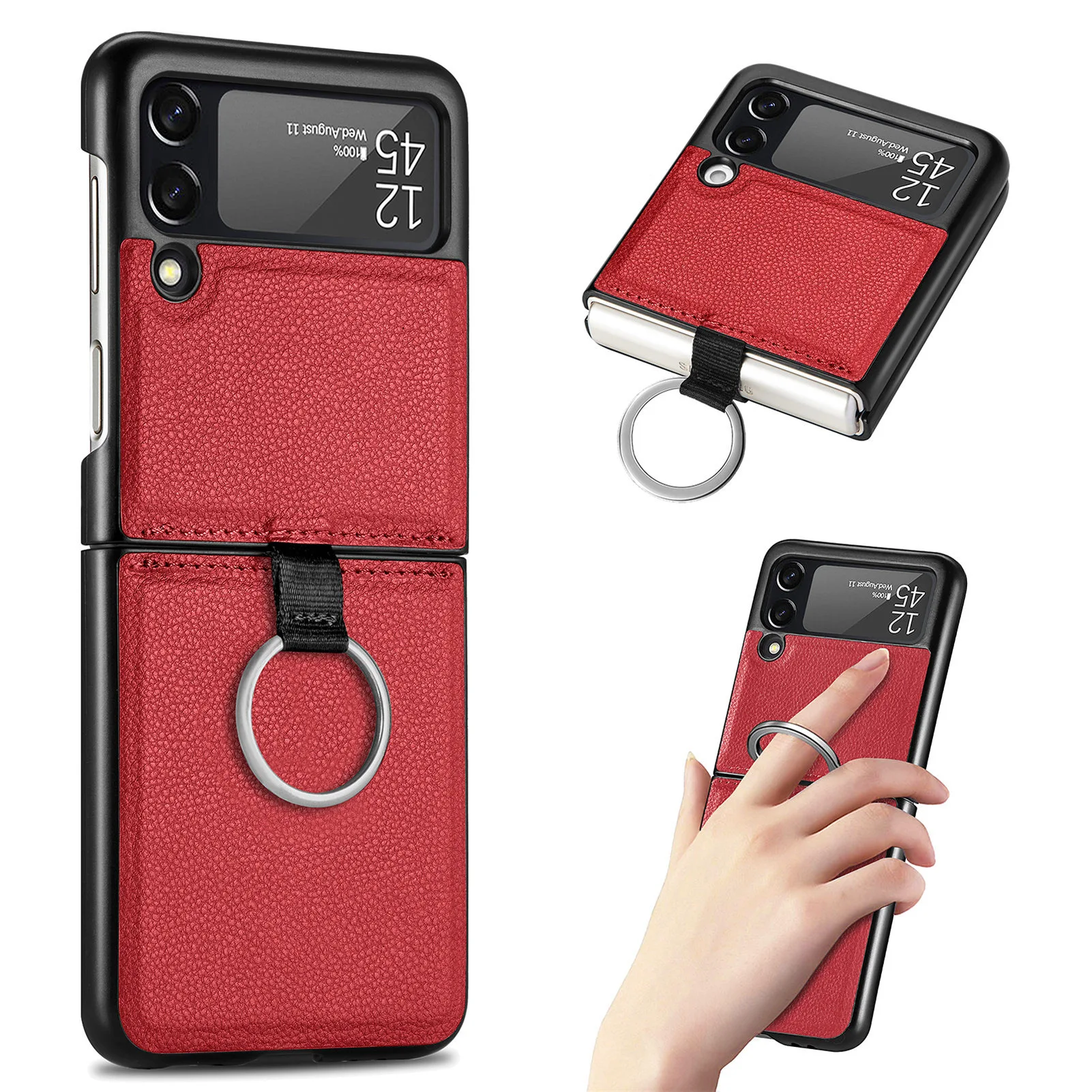 

10pcs/Lot Ring Holder Litchi Lychee Case For Samsung Z Flip 4 3 5G Cover Anti-knock Luxury Leather PU+PC Cases