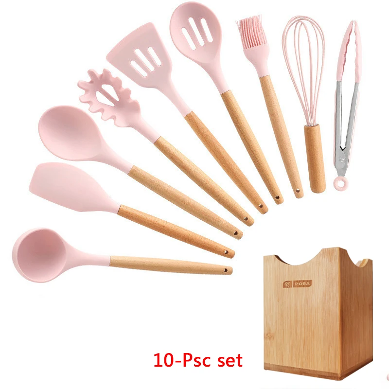 10-Pcs kitchen set Силиконовые набор для кухни 11/12/13 шт, кухонный набор,набор кухонных принадлежностей, антипригарным,деревянной с лопатки, ложка,половник,Кухня инструменты,кухонная утва,серый,кухонные принадлежности из силикона - Цвет: 10-Pcs kitchen set