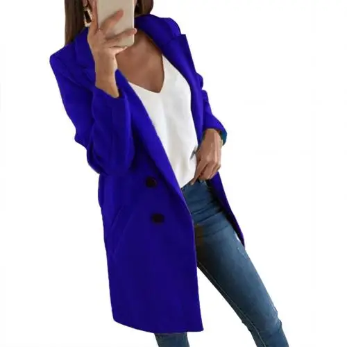 Модное женское Шерстяное Пальто размера плюс, осенняя Повседневная куртка для женщин, Офисная Леди, одноцветное длинное стильное пальто с отложным воротником - Цвет: Синий