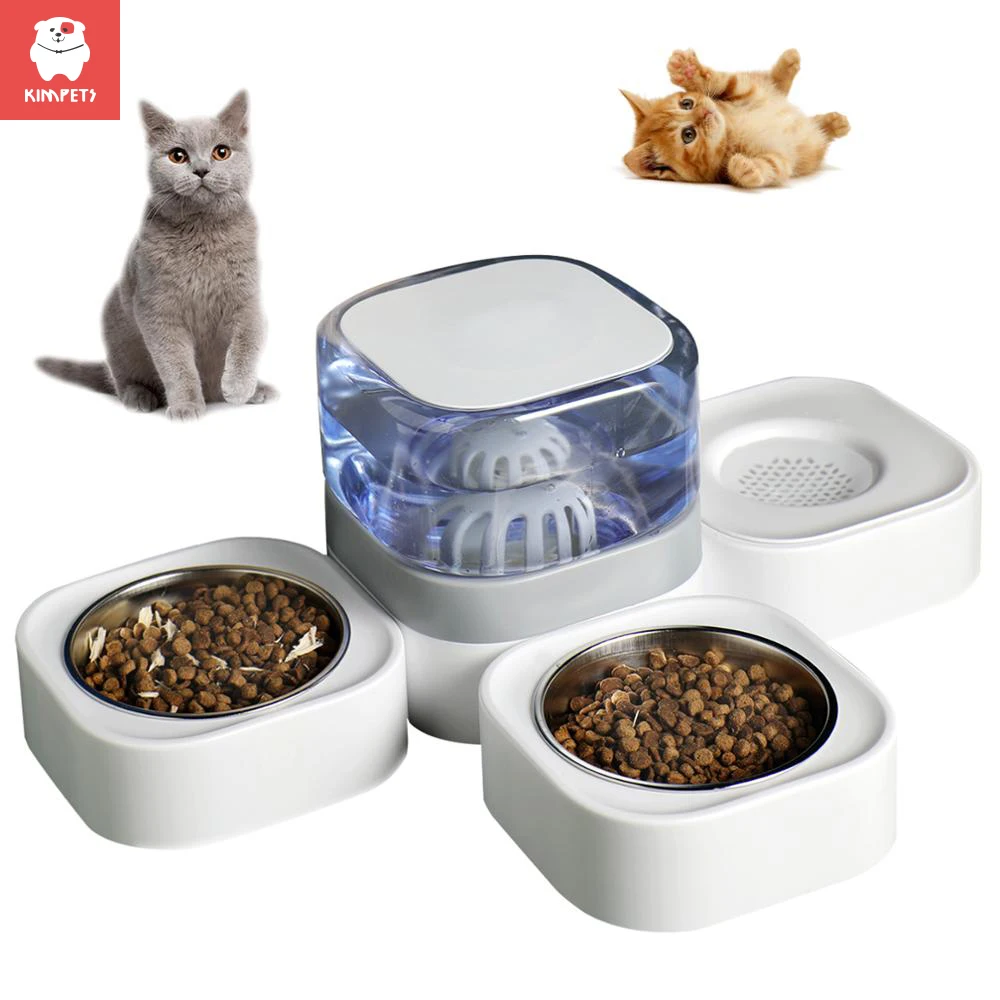 KIMPETS Three-in-one Automatic Pet Water Dispenser 1.8L Dog Water Bowl with 2 Detachable Stainless Steel Feeder Bowls for Cats