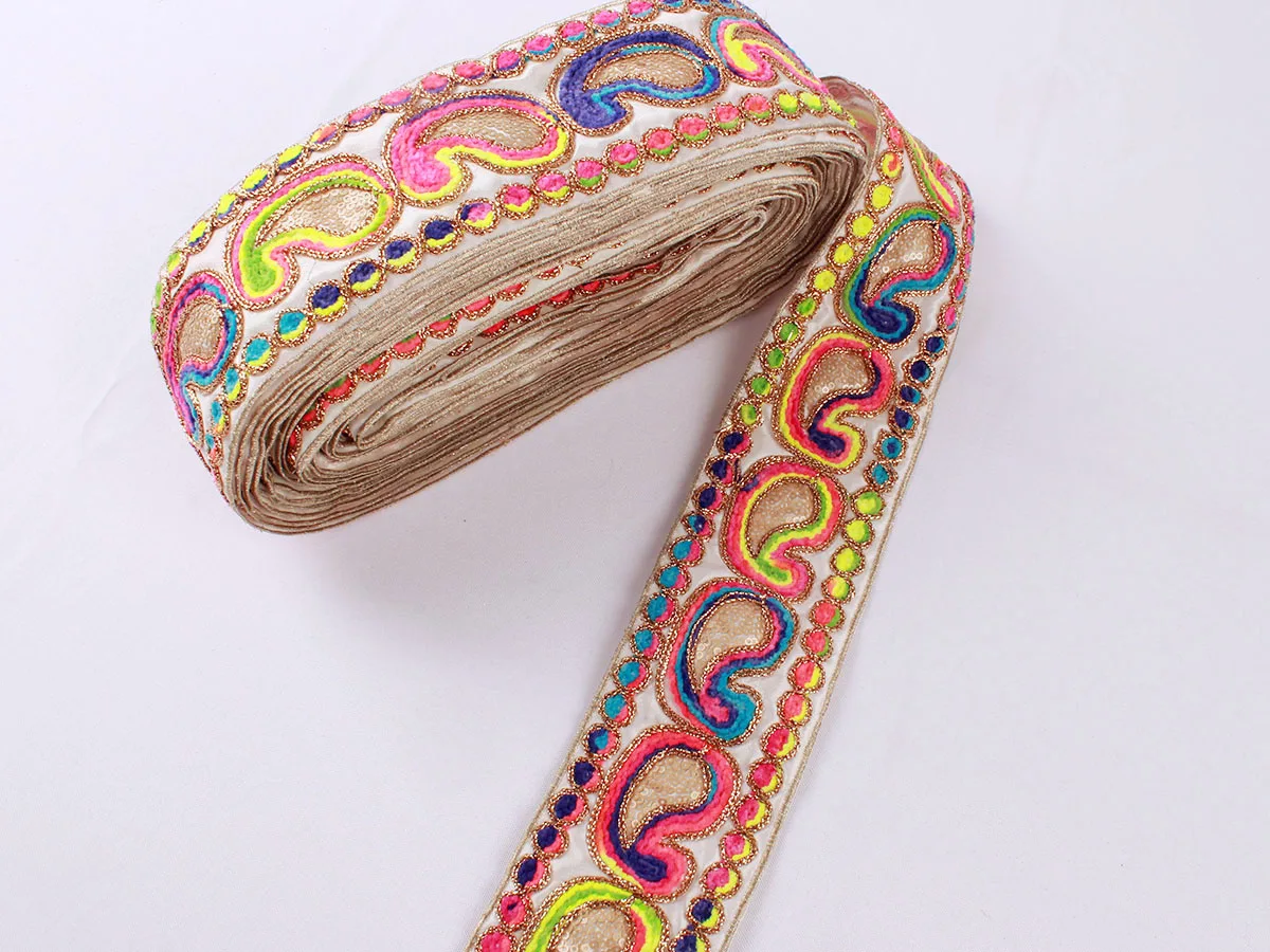 

1 Yard Polyester Fluorescent Paisley Embroidery Gold Sequin Lace Ribbon Trims Sewing Garment Handmade Materials 7.5cm Wide