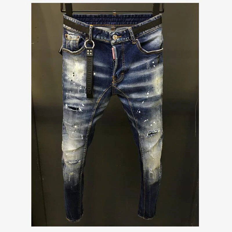 DSQUARED2 Tattered Paint Stitching Women's/Men's Slim Stretch Jeans Motorcycle Pants A215# blue jeans
