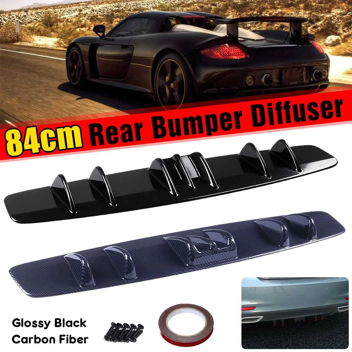 

Universal 84cm Car Rear Bumper Lip Diffuser Spoiler Splitter Shark Fin Style Curved For Benz For Audi For Ford