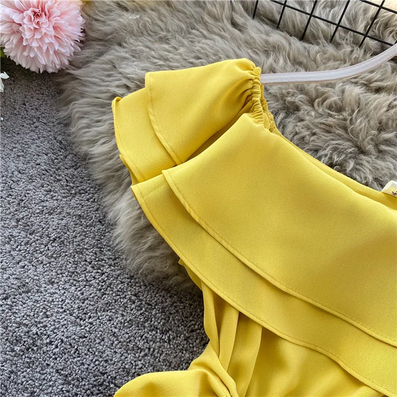 SINGRAIN Summer Women Off Shoulder Dress Bohemian Romantic Ruffle Sundress Party Holiday A-Line Retro Solid Chiffon Beach Dress
