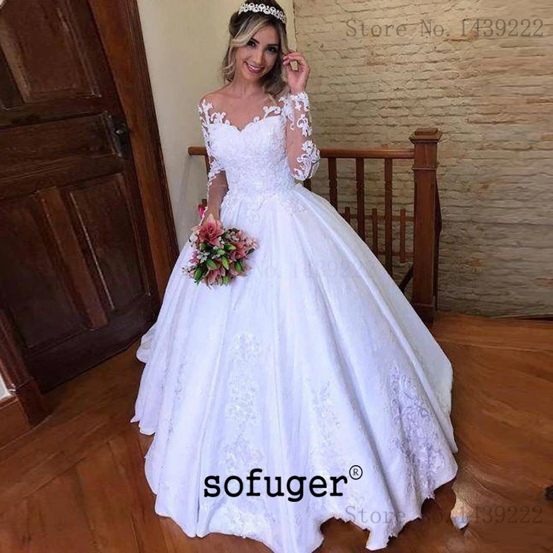 Белое винтажное платье Vestidos De Novia, атласное,, длинные рукава, иллюзия сзади, свадебные платья, бальное платье, свадебная Кружевная аппликация, платье, халат De Mariee - Цвет: Белый
