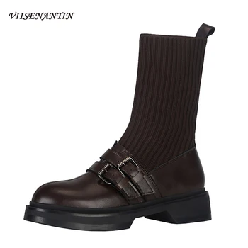 

British College Style Double Belt Buckle Deocr Round Toe Boots Thick Bottom Middle Tube Stretch Knitted Short Women Socks Boots