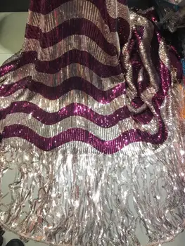 

Free shipping (5yards/pc) High quality African sequins French net lace fabric with tassels 2019 newest for fashion dress YYZ268