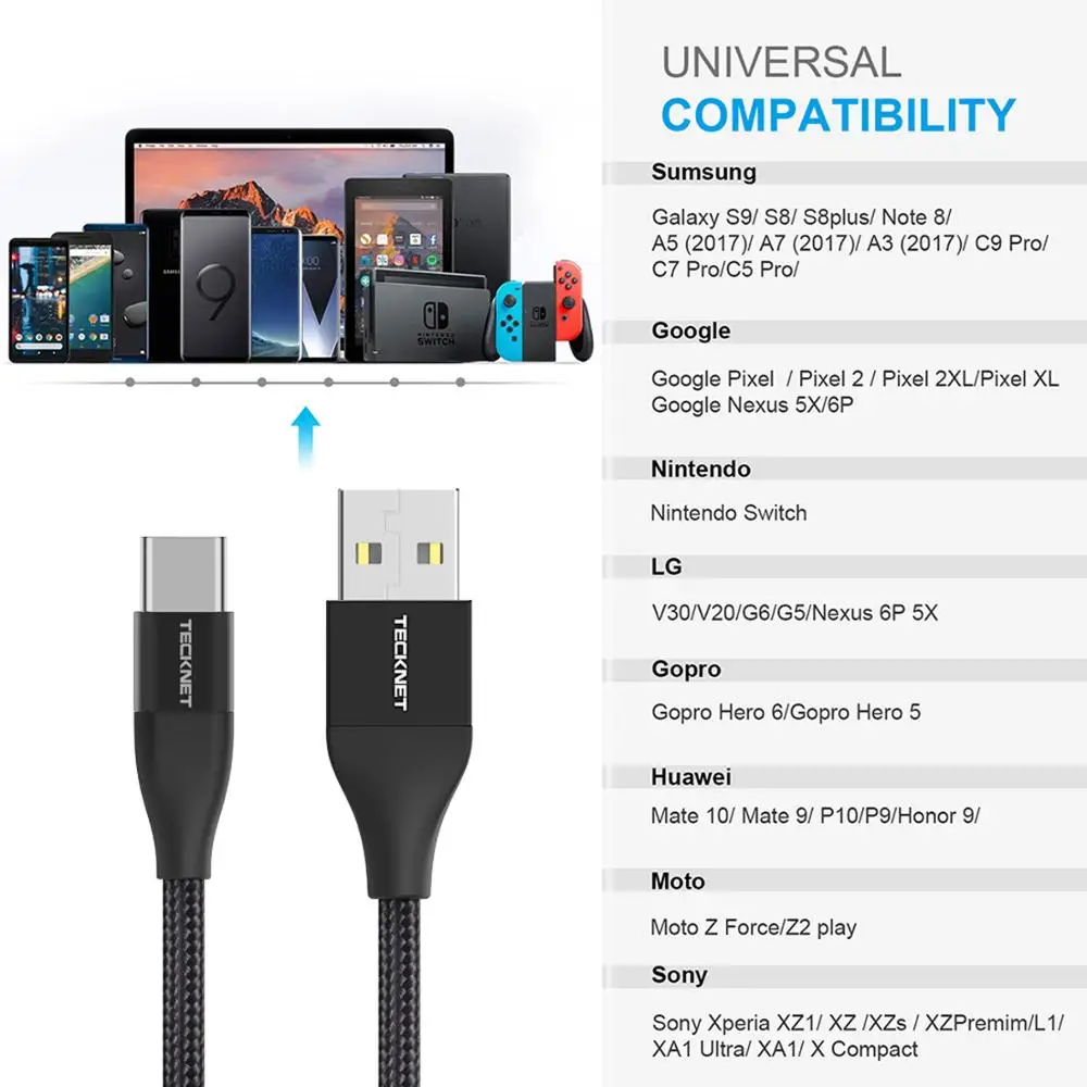 TeckNet 3 упаковки usb type C кабель для Xiaomi Redmi Note 7 3A шнур для быстрой зарядки usbc зарядное устройство 2 м type-C кабель для samsung S9