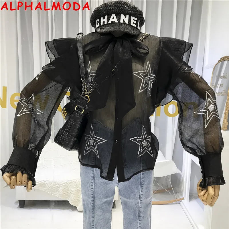 

ALPHALMODA Fall 2019 New Perspective Ruffled Sleeve Sequined Stars Fashion Shirt Women Butterfly Knot Sparkling Stars Blouses