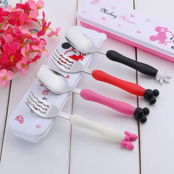 

Disney Cartoons Mickey and Minnie stainless steel Spoon and fork Children's tableware Baby soft silicone handle Cutlery Set
