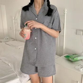 

Couple Nightwear 2020 Plaid Short Sleeve Shorts Pajama Women's Summer Two Piece Home Clothes Casual Girl Suit Pajama Set