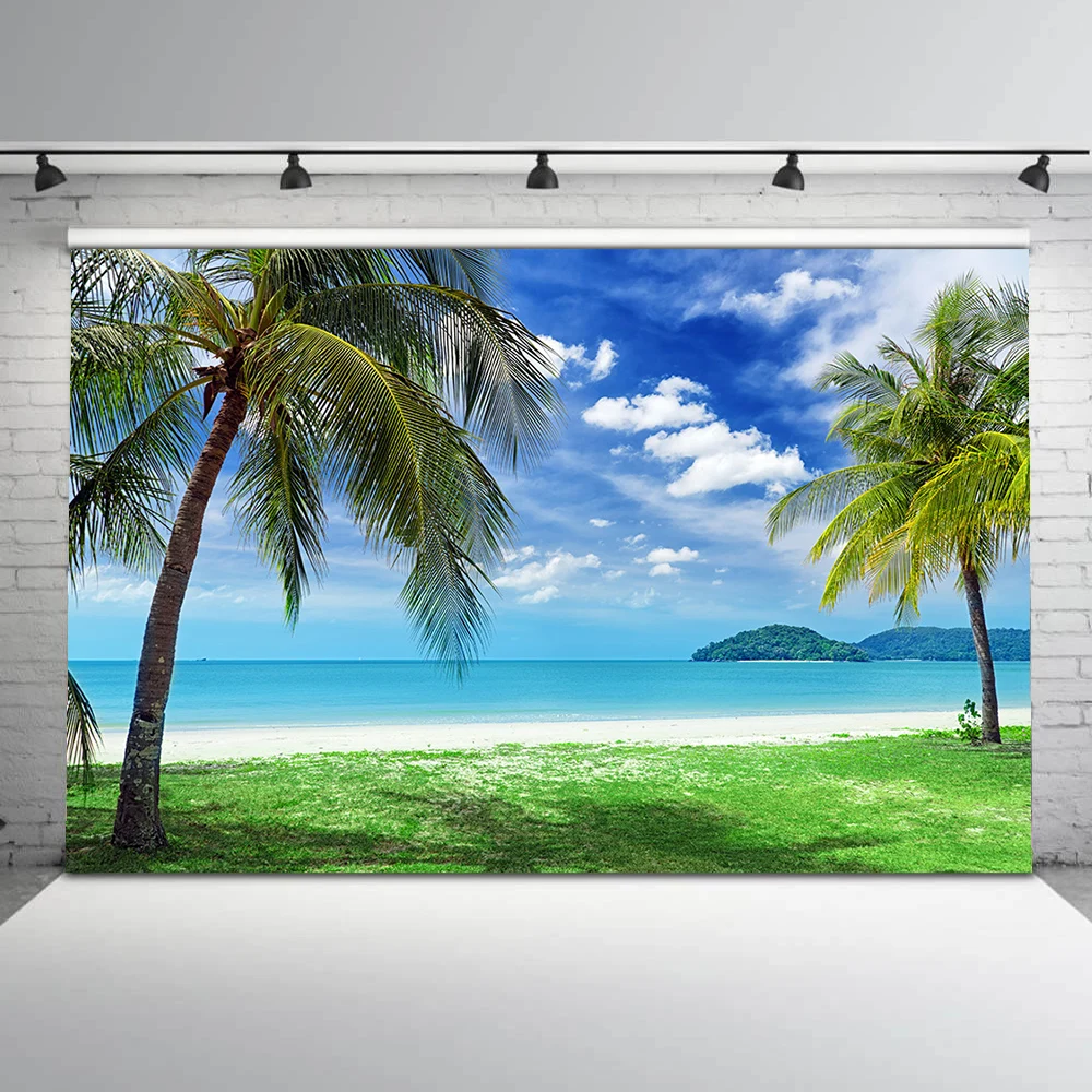 Фон для фотосъемки с изображением голубого неба и моря пальмы летний праздничный