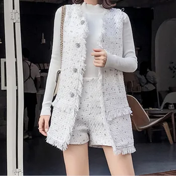 

2020 Spring Autumn Debutante Graceful Tassels Tweed WOMEN'S Vest Slim Fit Crystal Buckle Waistcoat + Shorts 2 Pieces Set