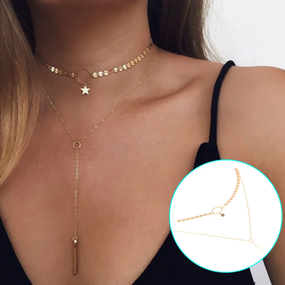 

Fashion Sequins Tassel Pendant Chain Necklace Double Layer Choker Collar Jewelry