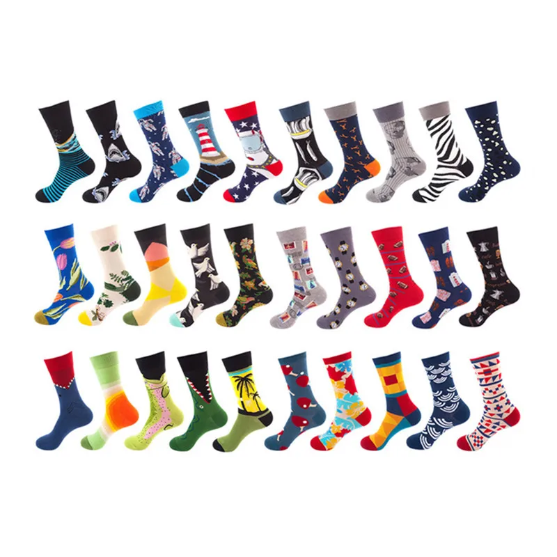 

20 Colors Mens Happy Socks Striped Plaid Diamond Cherry Socks Men Combed Cotton Calcetines Largos Hombre Stock 1 Pair