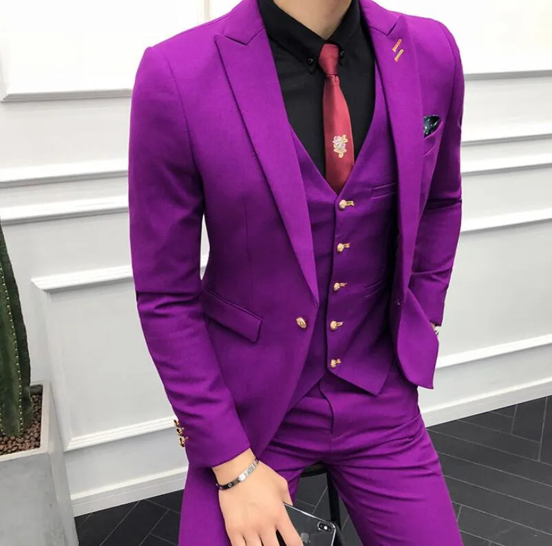 

Fashion Purple 3 Pieces(Jacket+Pants+Vest) Mens Formal Suits Tuxedos Blazers Suits Peak Lapel Custom Made Best Men Grooms