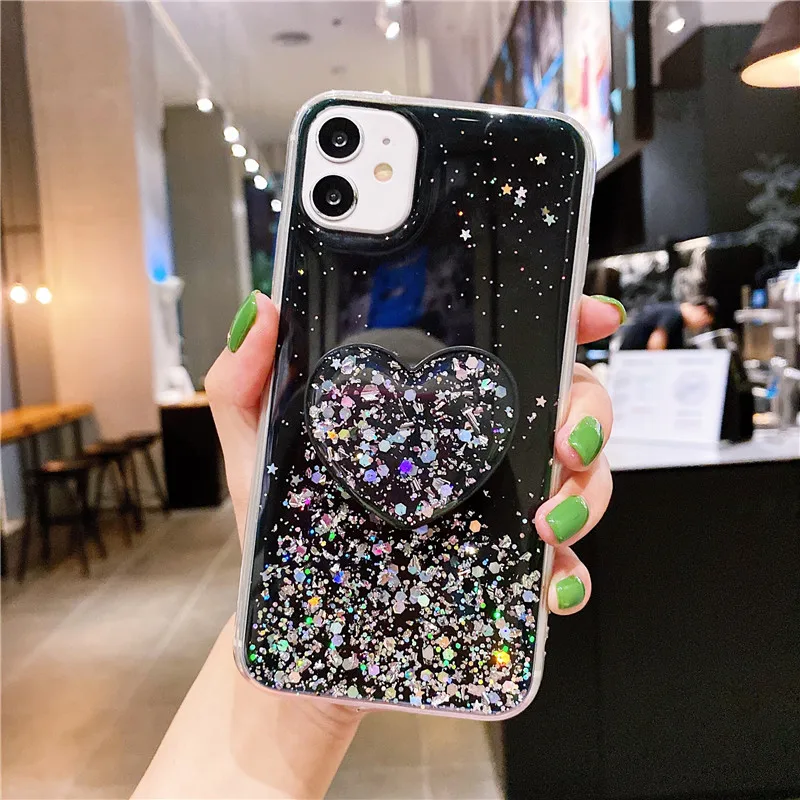 Glitter Star Bling Case For OPPO A15 A72 A53 A5 2020 Reno 4 2 2Z Realme 7 6 5 Pro X2 C3 Clear Back With Heart Stand Holder Cover a cases for oppo phones Cases For OPPO