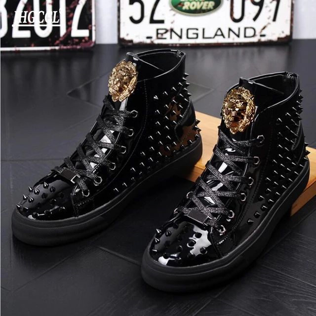Luxury rivet flat men shoes designer sneakers spikes black red thick bottom  high tops punk men Casual shoes gold rivet boots