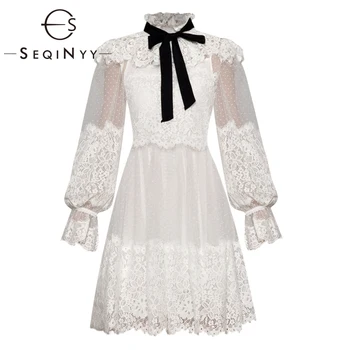 

SEQINYY Princess Dress 2020 Summer Spring New Fashion Design Long Lantern Sleeve Mesh Flower Lace Dot Ruffles Women Mini Dress