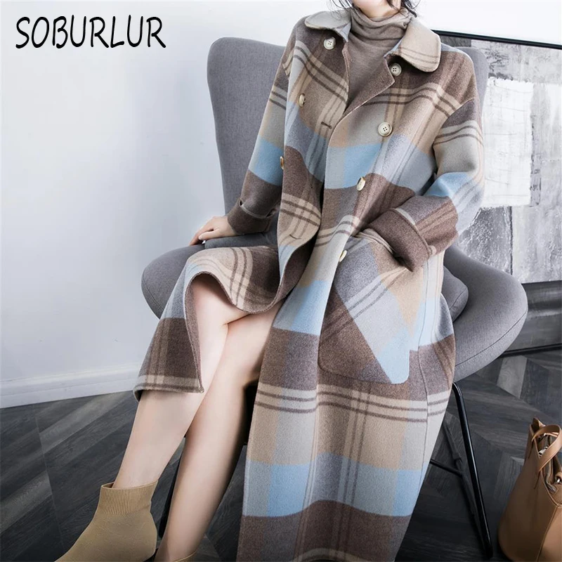 

Plaid Woolen Coat Women's Korean Mid-length Jacket 2022 Winter New Over-the-knee Double Breasted Large Pockets Loose Thick Coat