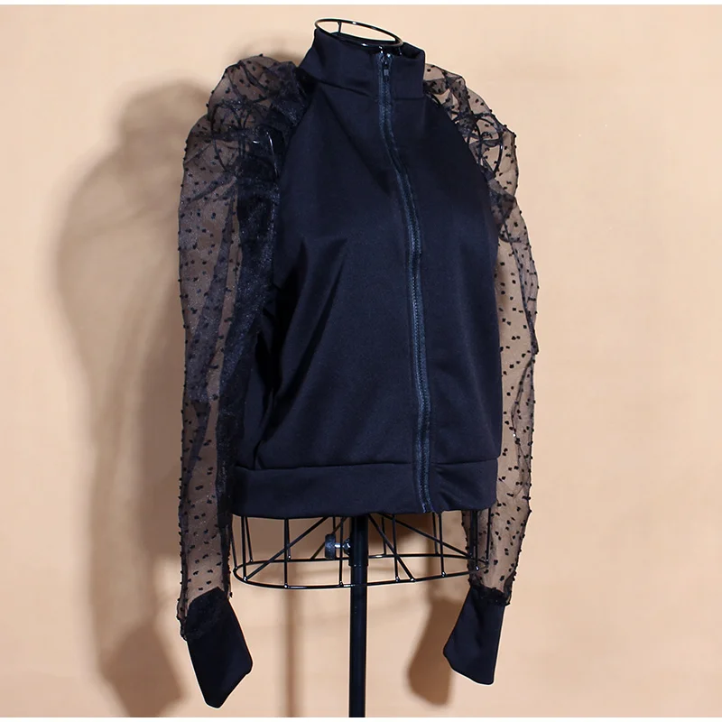 Black Lace Long Puff Sleeve Blouse Women Patchwork Stand Collar Zipper Shirts Female Autumn Spring Fashion Shirt Ladies