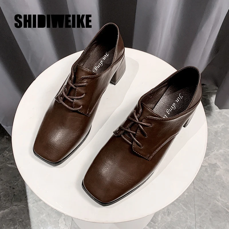 

Women Platform High Heels Oxfords PU Leather 5cm Height Square Heel Basic Shoes Solid Color Lace-Up Shoes R152