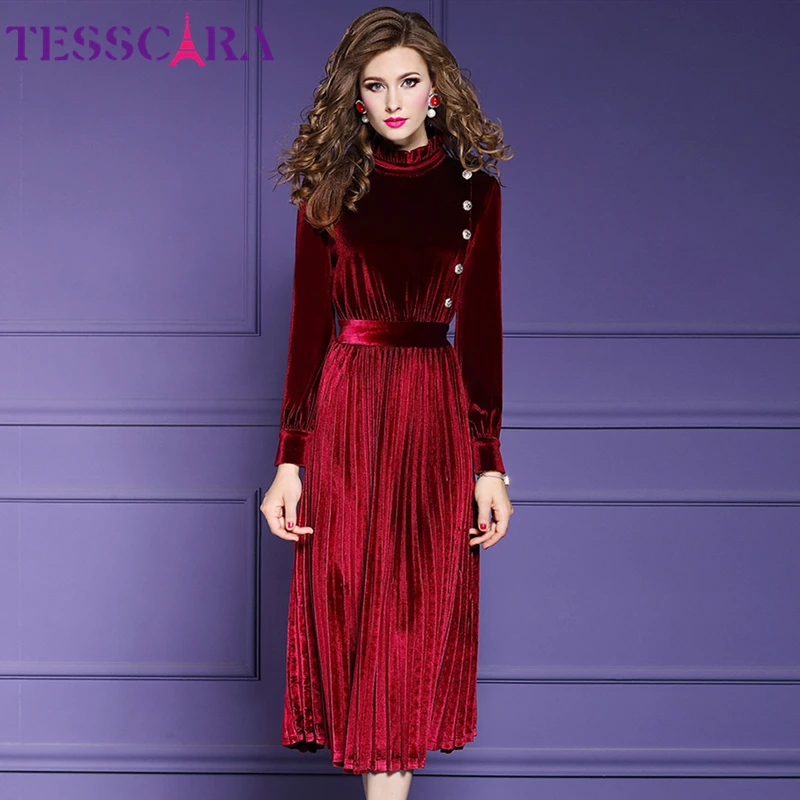 Женское осенне зимнее элегантное бархатное платье TESSCARA женское дизайнерское