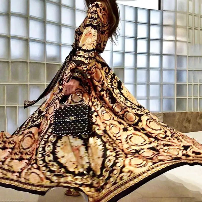 

Turmeric Vintage boho print women dress 2019 summer Elegant V neck dresses split sexy long Lantern Sleeve dress female vestido