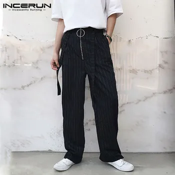 

INCERUN Fashion Men Striped Pants Zipper Chic Loose Joggers Straight Trousers With Belt 2020 Streetwear Vintage Mens Long Pants