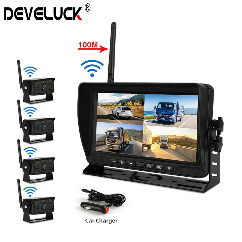 

7 inch truck DVR infrared high-definition night vision camera wireless video recorder 4 channel split screen display 1080P+720P