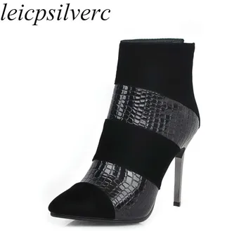 

Women Boots Spring Autumn Super High Heel Pointed Toe Ankle Zip Patchwork Thin Heel Basic 2019 New Sexy Fashion Boots Black