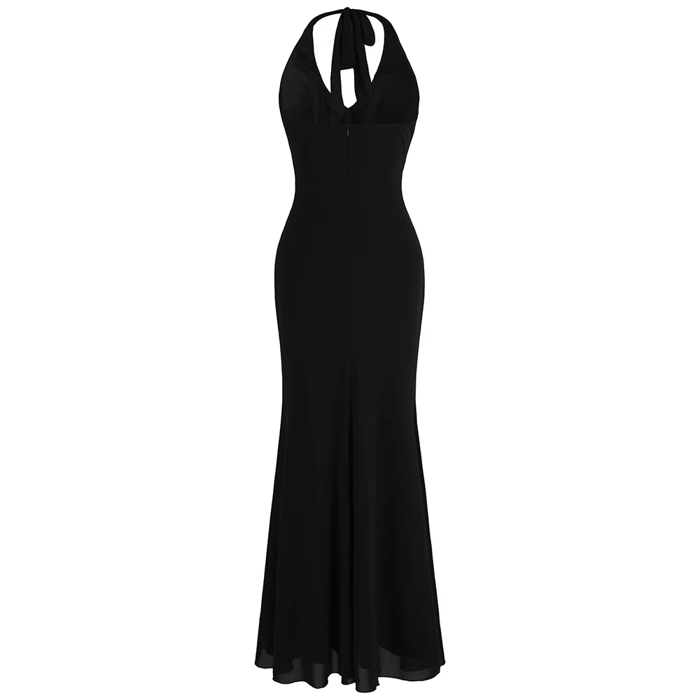 Angel-Fashion Холтер Бисероплетение Черные вечерние платья длинное вечернее платье 474