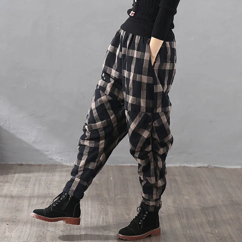 

women Winter Plaid thickened cotton hemp loose cotton baggy pants worn outside wrinkled cotton pants Vintage Harlem cotton pants