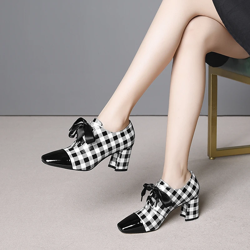

New 2019 Spring Plaid High Heels Women Pumps Lace Up Square Toe Footwear Cow Leather Ladies Shoes Fashion Scottish Shoes Woman