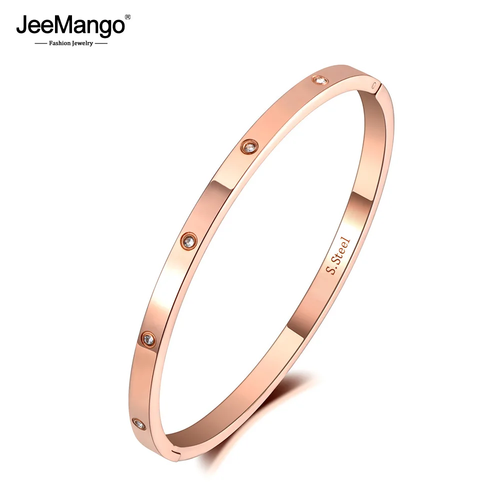 JeeMango Luxury CZ Crystal 4mm Cuff Bangle For Women Girls Cubic Zirconia Love Titanium Stainless Steel Bracelet Jewelry JB19063 | Украшения