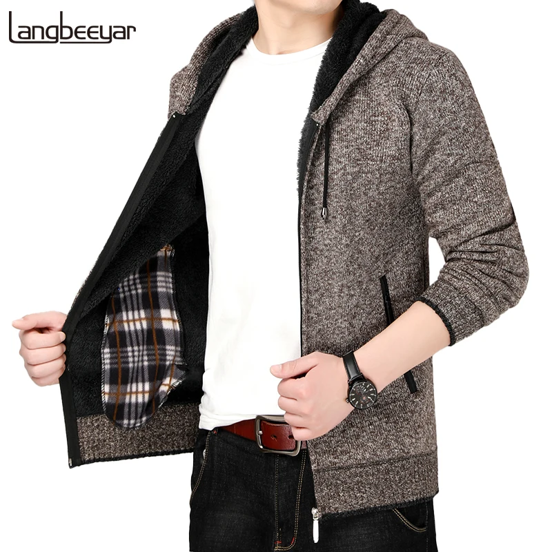 

2020 New Brand Knit Thick Velvet Mens Fashion Winter Cardigan Hooded Sweaters Autum Zipper Casual Men Coats Jacket Men Clothing