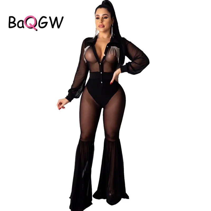 

BaQGW Mesh Sexy Jumpsuits Women 2020 Autumn Long Sleeve Diamond Patchwork Transparent Black Skinny Flare Pants Jumpsuit Outfit