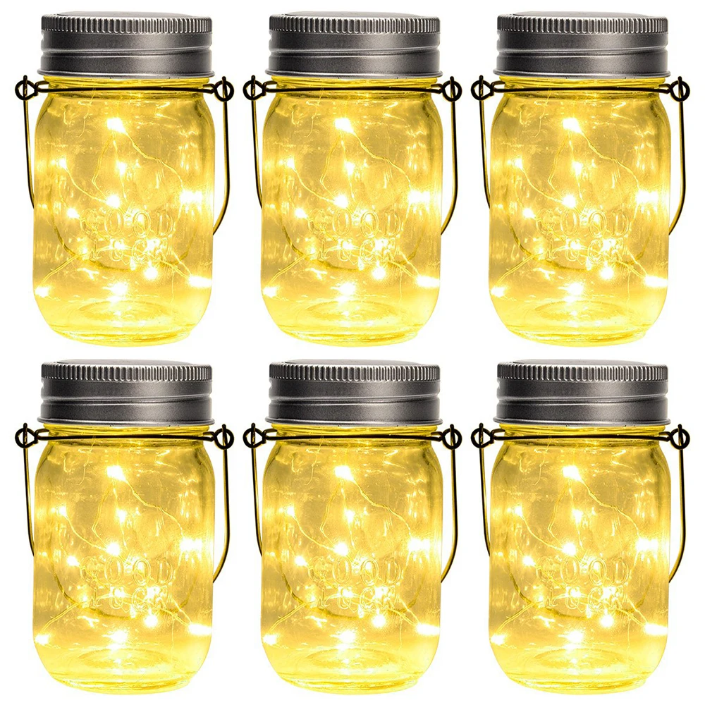 6pcs Battery Powered Батарея/на солнечной энергии стекло Mason Jar светильник светодиодный Светлячок струнный светильник лучший патио Настольный Декор открытый Солнечный подвесной фонарь D20 - Испускаемый цвет: 6pcs Battery Powered