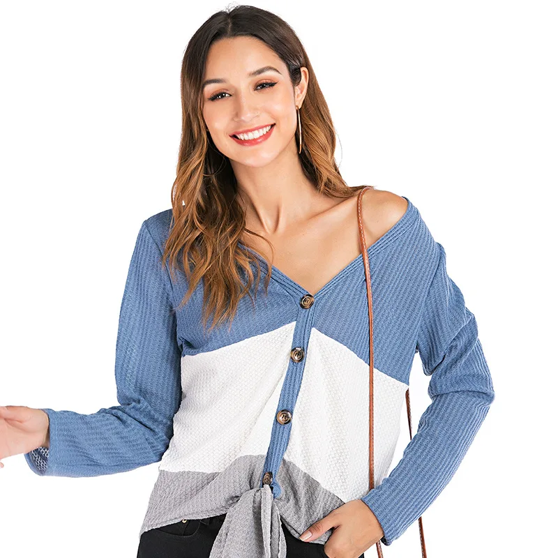 Long Sleeve Knit Cardigan V Neck Color Matching Button t-shirts For Women In Europe And The United States | Женская одежда