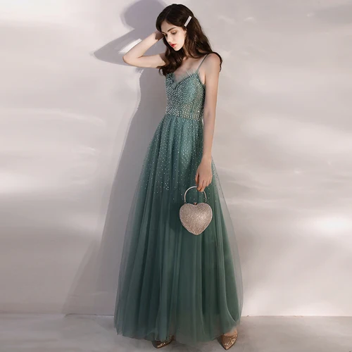 SSYFashion, новинка, свежее зеленое длинное вечернее платье, сексуальное, v-образный вырез, без рукавов, расшитое бисером, с блестками, блестящие вечерние платья, Vestido De Noche - Цвет: green