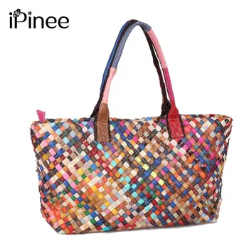 

iPinee 100% Genuine Leather Elegent Weaved Shoulder Bags For Ladies Colorful Fashion Handmade Knitting Crossbody Tote Handbags