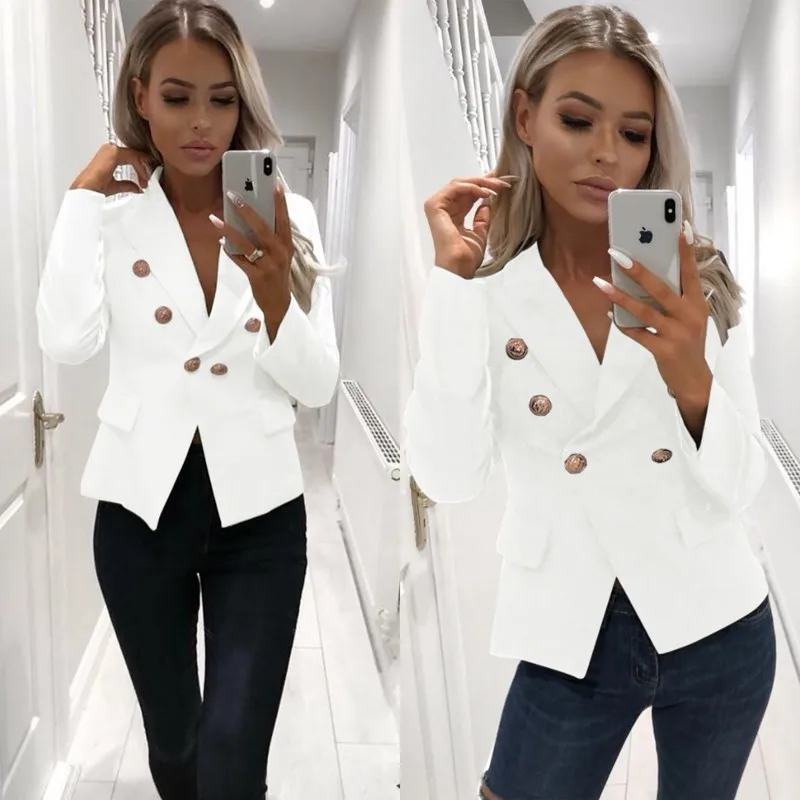 

PUIMENTIUA High Quality New Fashion 2019 Autumn Designer Blazer Jacket Women's Gold Buttons Double Breasted Blazer size S-2XL