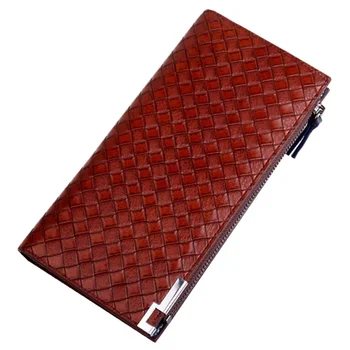 

Men's long leather wallets luxury men wallet male zipper bag Weave pattern design purse