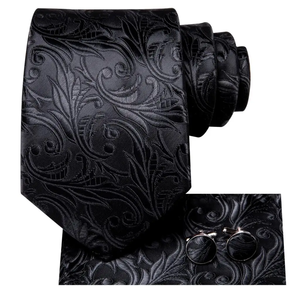 Black Floral Silk Wedding Tie Set - Elegant Necktie with Handkerchief  Cufflinks for Men