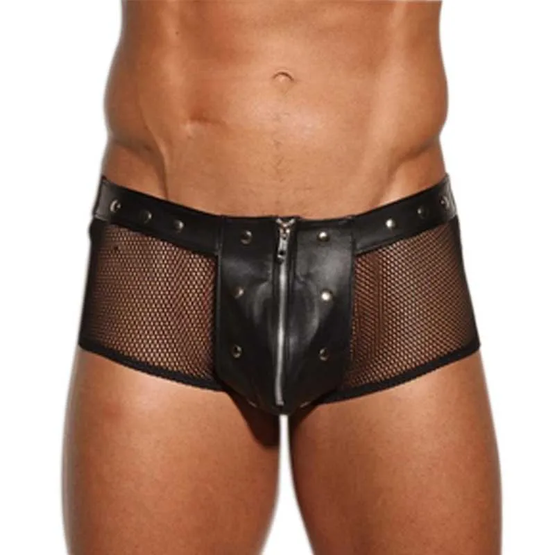 Men's Underpants Black Faux Leather Boxer Shorts Men Punk Transparent Fishnet Lingerie Hot Zip Open Front Underwear Gay Panties (1)