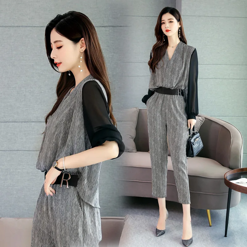 

Fashion Romper Women's 2019 Early Autumn New Style V-neck Waist Hugging Long Sleeve Stripes Onesie Capri Pants Set Spring And Au