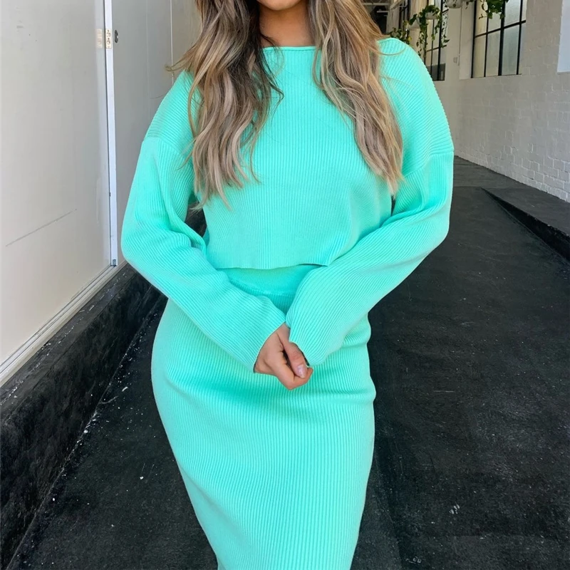 

2 Pieces Suit Set, Solid Color Round Neck Long Sleeve Knitwear and Long Skirt for Women, Blue/Orange